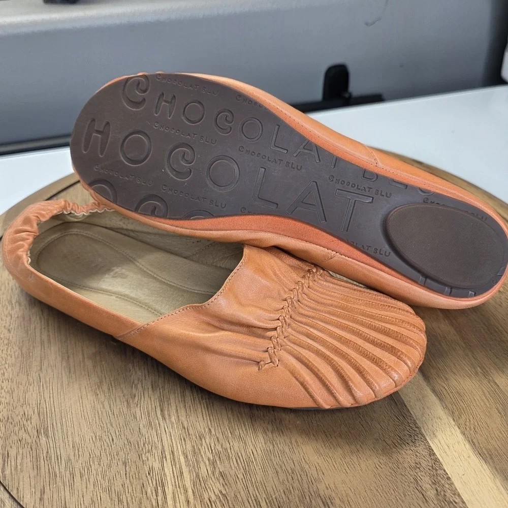 Chocolat Blu Cam Orange Leather Flats Siz 8.5 Ballet Peach Scrunched Slip On